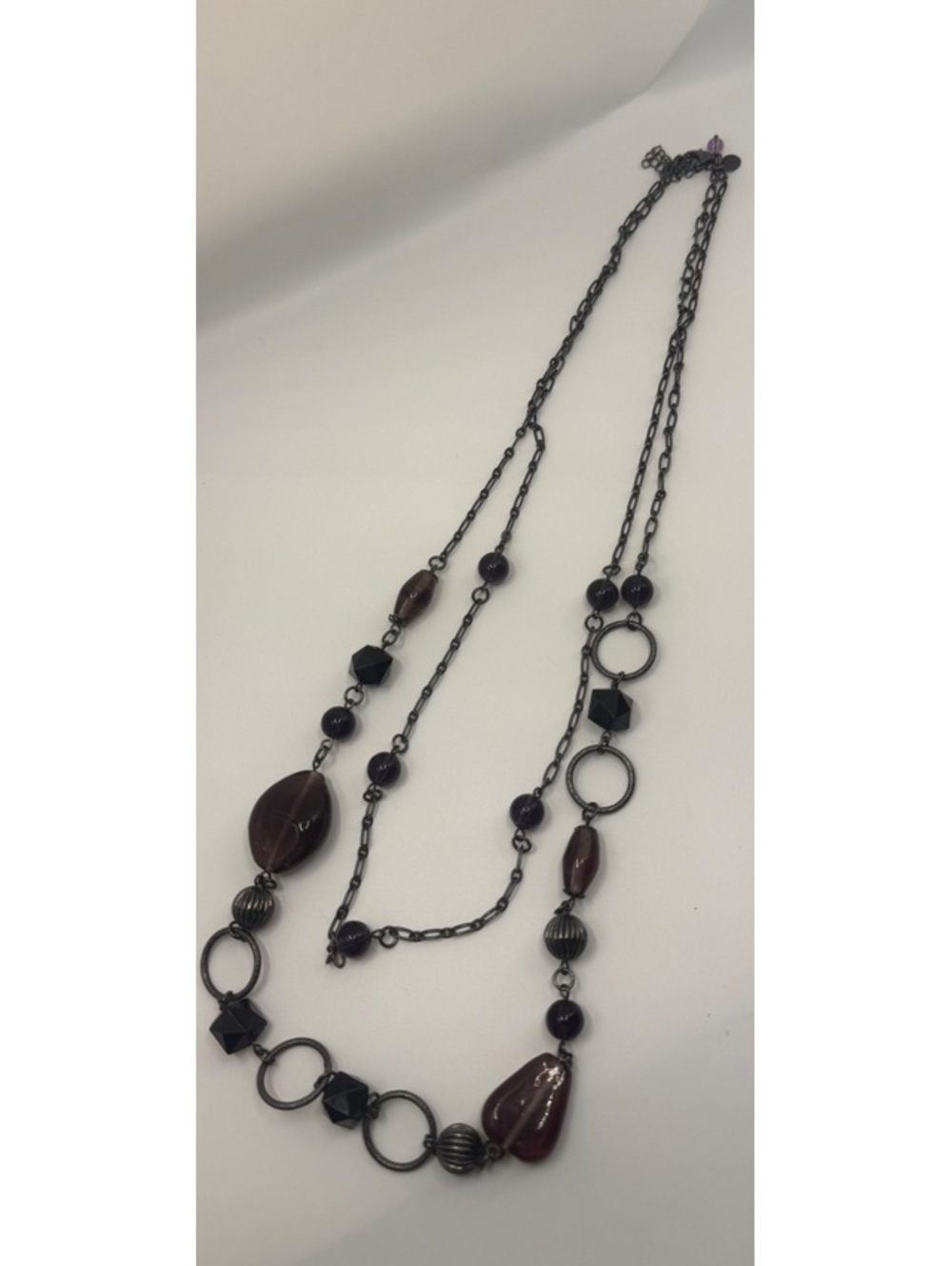 Retired LIA SOPHIA Dark Metal 2-Strand Purple Glass Bead 26-29" Necklace